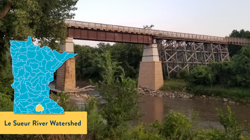 Photo of a railroad bridge crossing a narrow brown river. Graphic overlay of map showing Le Sueur River Watershed location in south central Minnesota.