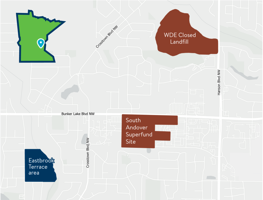 Aerial map of Eastbrook Terrace neighborhood in Andover located to the west of the South Andover Superfund site and southwest of the WDE closed landfill. 