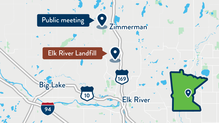 Map showing approximate location of the Elk River landfill, between Elk River and Zimmerman on highway 169, and the public meeting in Zimmerman, in central Minnesota.