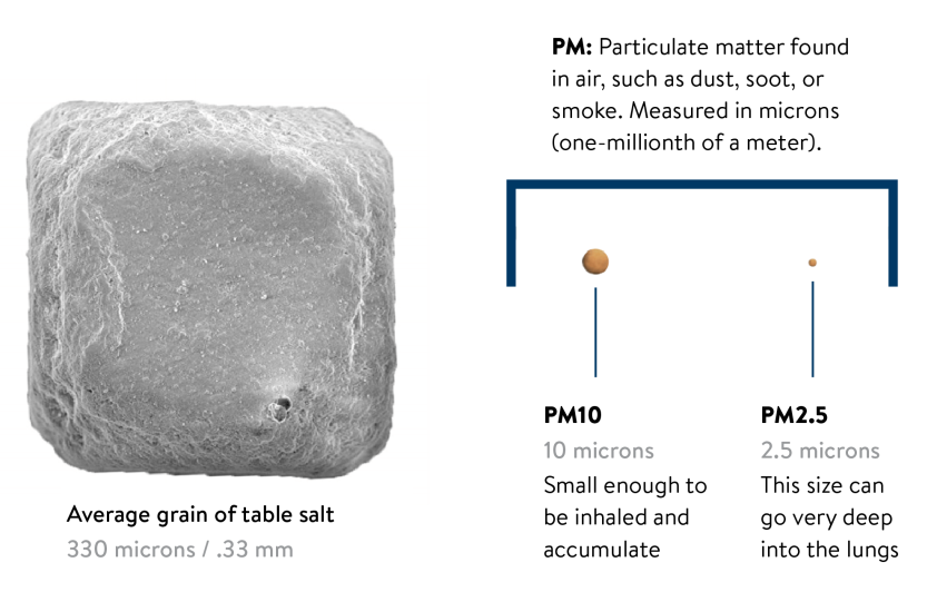 Comparison of 330 micron grain of table salt with a 10 micron PM10 particle and a 2.5 micron PM2.5 particle.