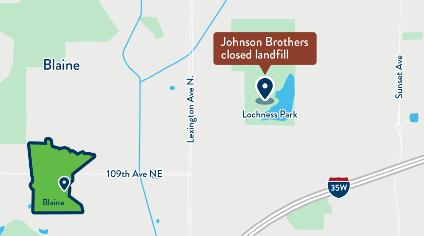 Map showing location of Johnson Brothers closed landfill at 11121 Lexington Avenue in Blaine, Minnesota.