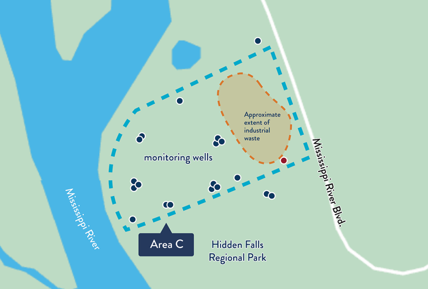 map of Ford Area C site showing approximate locations of monitoring wells and industrial waste