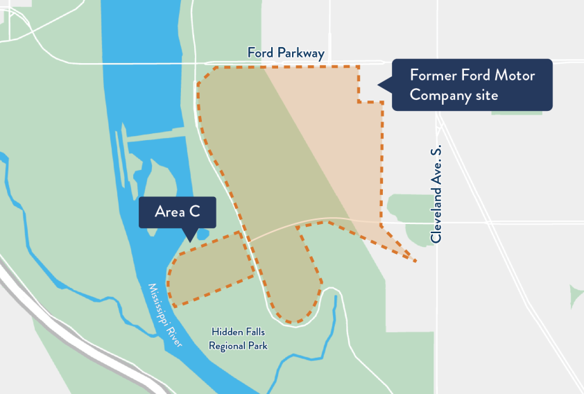 map of Ford Area C site in Saint Paul, east of the Mississippi River, south of Ford Parkway, west of Cleveland Ave, and north of Hidden Falls regional park