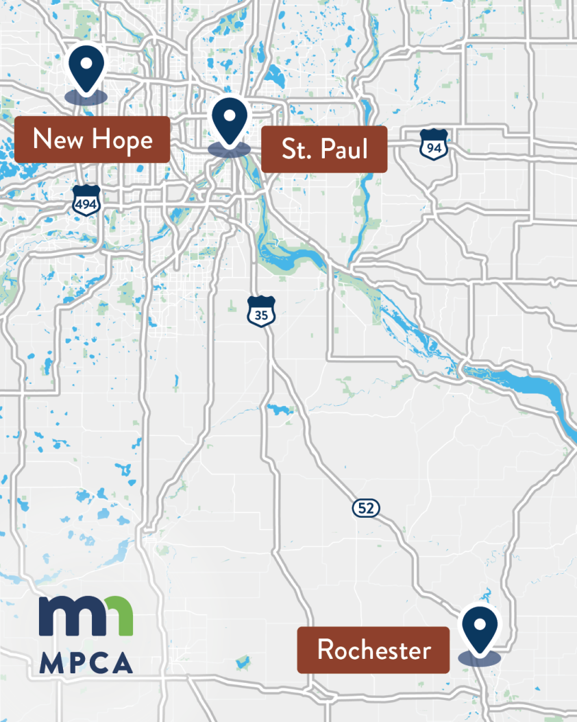 map of southern Minnesota with cities of New Hope, St. Paul, and Rochester highlighted