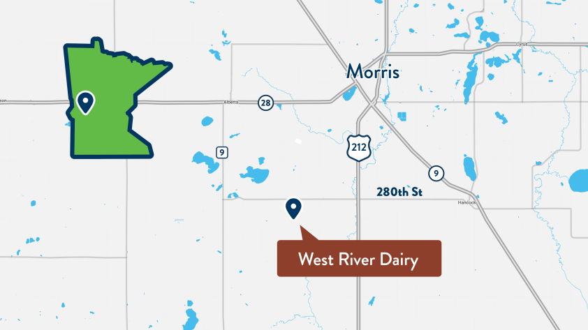 map showing approximate location of the West River Dairy, southwest of Morris, in west-central Minnesota.