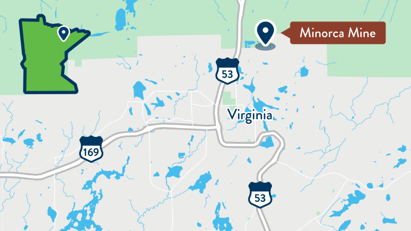 The Minorca Mine is located just north of Virginia, Minnesota in the northeast region of the state.