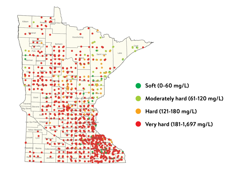 Most drinking water wells in Minnesota have water that is classified as “very hard.” Water in the “hard” category is found in central, east central, and northeast Minnesota. Water in the “moderately hard” category is found mostly in east central to northeast Minnesota. Water in the “soft” category is found mostly along the eastern edge of central and southeast Minnesota.
