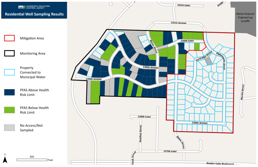 Sampling map showing parcels connected to city water at or above health based guidance for 1,4-dioxane in the Red Oak neighborhood of Andover.