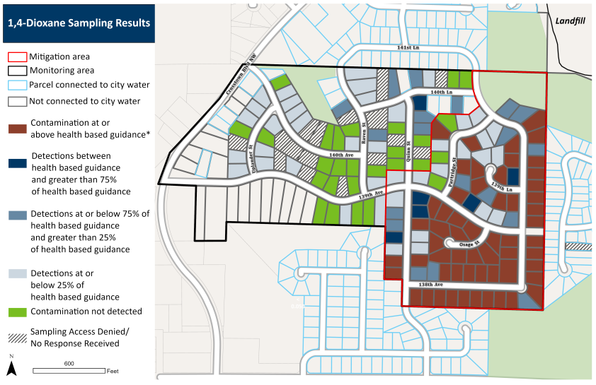 Sampling map showing 57 parcels connected to city water at or above health based guidance for 1,4-Dioxane in the Red Oak neighborhood of Andover.