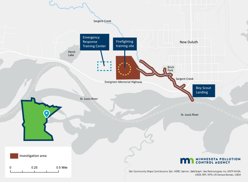 PFAS investigation area of Sargent Creek is just under three-quarters of a mile, from Boy Scout Landing on the St. Louis River to the Lake Superior College firefighter training site located to the northwest.