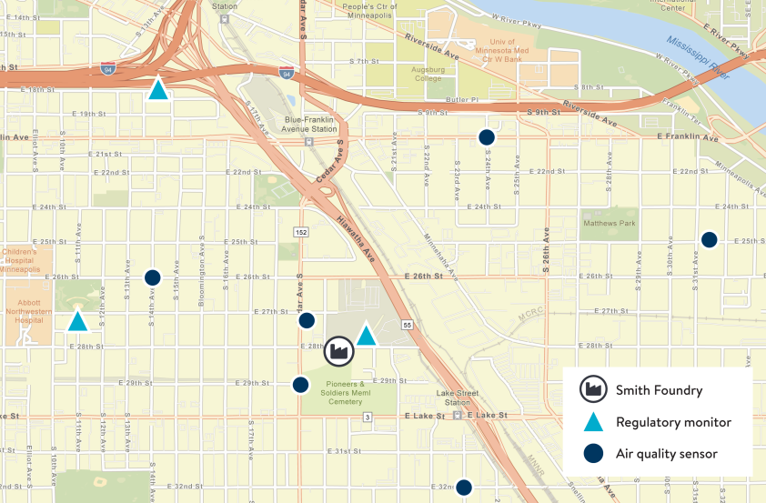 Locations of air quality sensors near Smith Foundry: Cedar and E 27th St, Cedar and E 29th St, 14th Ave S and E 26th St, 24th Ave S and E Franklin, 31st Ave S and E 25th St, and 23rd Ave S and E 32nd St. Regulatory monitors are near E 28th St and 20th Ave S, 11th Ave S and E 27th St, and 15th Ave S and E 18th St. 