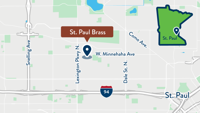 Map showing approximate location of St. Paul Brass, north of Interstate 94 in St. Paul, on West Minnehaha Ave between Lexington Parkway North and Dale Street North.