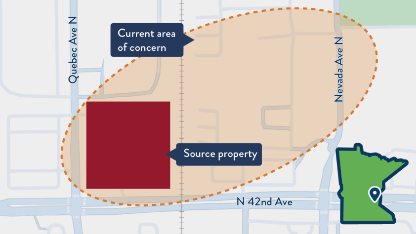 Map showing the current area of concern around the site, north of N 42nd Ave and from Quebec Ave. N eastward to Nevada Ave. N. in New Hope, Minnesota.