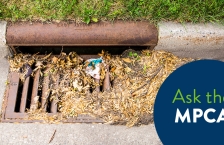 Dried leaves and other debris cover up half of a storm drain grate in a street.