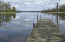 Dock with weathered wood in lake that is reflecting clouds in sky