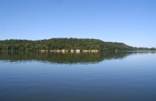 Calm lake with a tree-covered distant shoreline. 