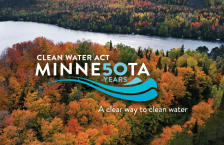Arial photos of a lake with fall trees. Text: Clean Water Act 50 years. A clear way to clean water.