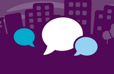 Speech bubbles over a city background