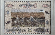 Artwork using seeds to depict three people wading in water with monitoring equipment and a border with fish, beaver, and turtles.