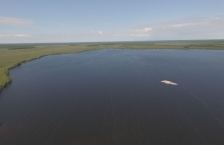 Aerial view of a large lake.