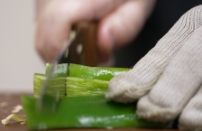 Close up of hand chopping a green peppper with a knife.