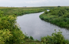 Narrow stream curving through grassy banks running through farm fields. 