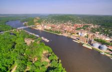 An aerial view of Red Wing Minnesota showing the Missisissippi River and Red Wing.