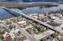 Aerial view of downtown Wabasha Minnesota and the bridge crossing the Mississippi River.