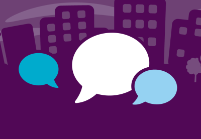 Speech bubbles over a city background