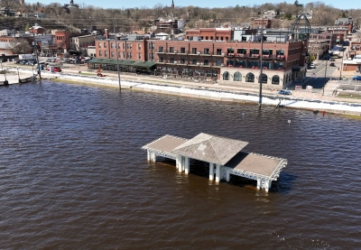The Lowell Park gazebo submerged in flood water except for the roof in Stillwater, Minnesota.