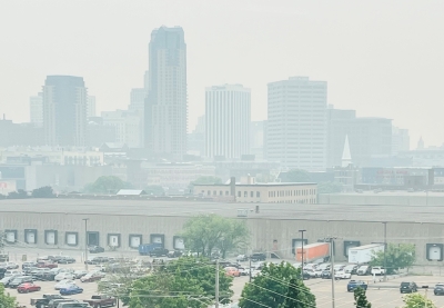 hazy skies in St. Paul during an air quality alert in the summer of 2023