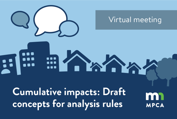 Graphic of neighborhood with speech bubbles. Text reads: Virtual meeting. Cumulative impacts: Draft concepts for analysis rules.