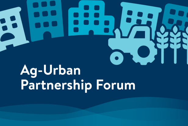 Silhouette of urban and rural landscapes. Text reads Ag-Urban Partnership Forum.