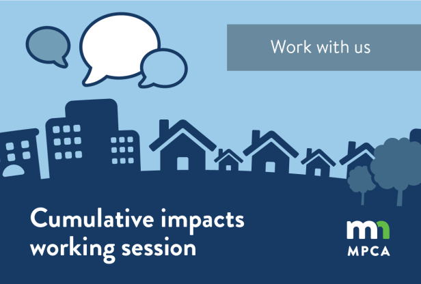 Graphic of neighborhood with speech bubbles. Text reads: Work with us! Cumulative impacts working sessions.