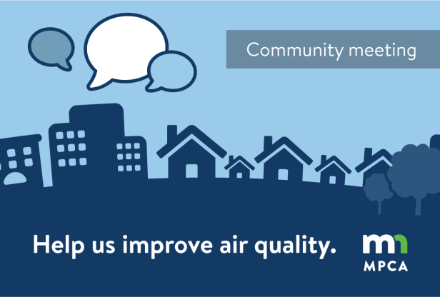 Community meeting: help us improve air quality. Graphic shows silhouettes of houses and buildings, and speech bubbles.