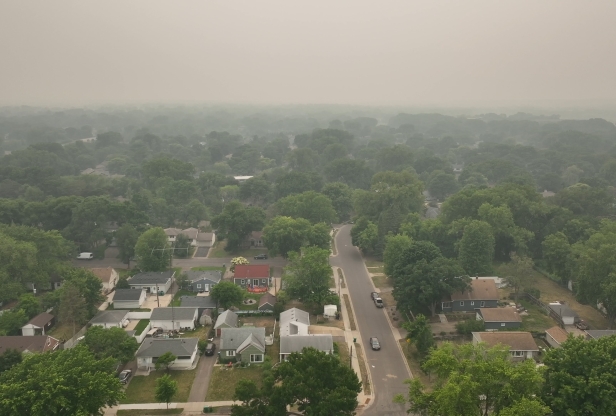 hazy skies over St. Louis Park during an air quality alert in the summer of 2023