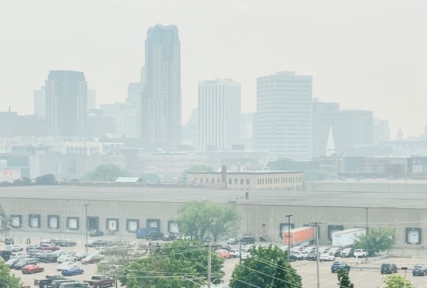 hazy skies in St. Paul during an air quality alert in the summer of 2023