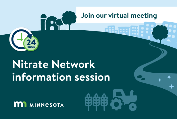 Join our virtual meeting: 24 hour Nitrate Network information session. Silhouettes of a farm and city are in the background, a stream runs down the right side, and a tractor with crops behind it are in the foreground.