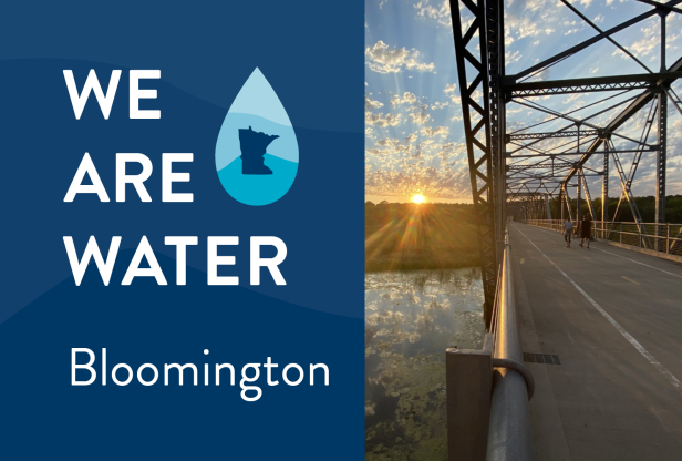 We Are Water Bloomington. People on an old bridge that has been turned into a walking trail at sunset. 