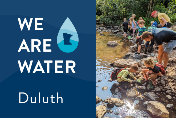 We Are Water Duluth logo and image of a group of children and adults exploring a stream. 