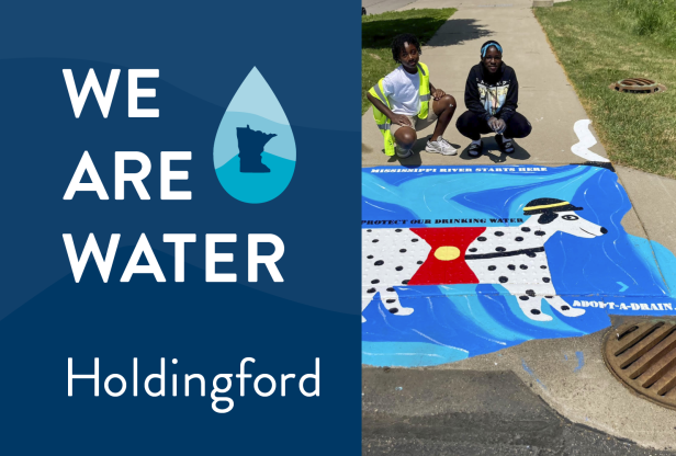 We Are Water Holdingford logo and image of two boys crouching by adopt-a-drain artwork on a sidewalk.