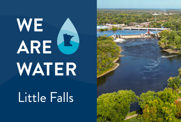 We Are Water Little Falls. An aerial view of the town of Little Falls and the Little Falls Dam on the Mississippi River.