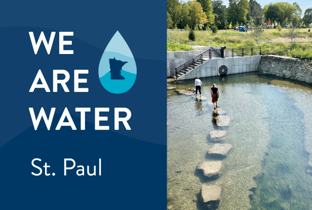 We Are Water St. Paul. Two people crossing an exposed bedrock stream on submerged stepping stones in Highland Bridge Park, St. Paul. 
