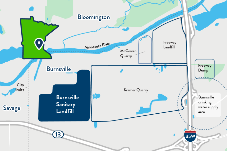 Map showing approximate location of the Burnsville Sanitary Landfill on highway 13, west of interstate 35W, near the Savage city limit.