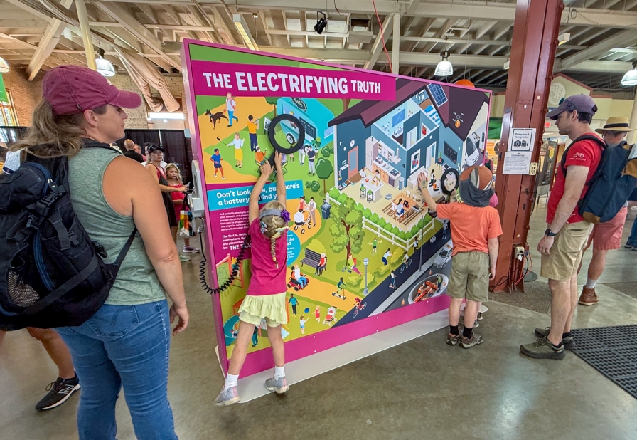 Children holding up magnifying glass-shaped scanners over a mural of where batteries can be found in everyday objects.