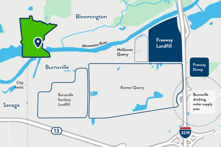 Map showing approximate location of the Freeway Landfill and Freeway Dump in Burnsville, along interstate 35W, south of the Minnesota River. 