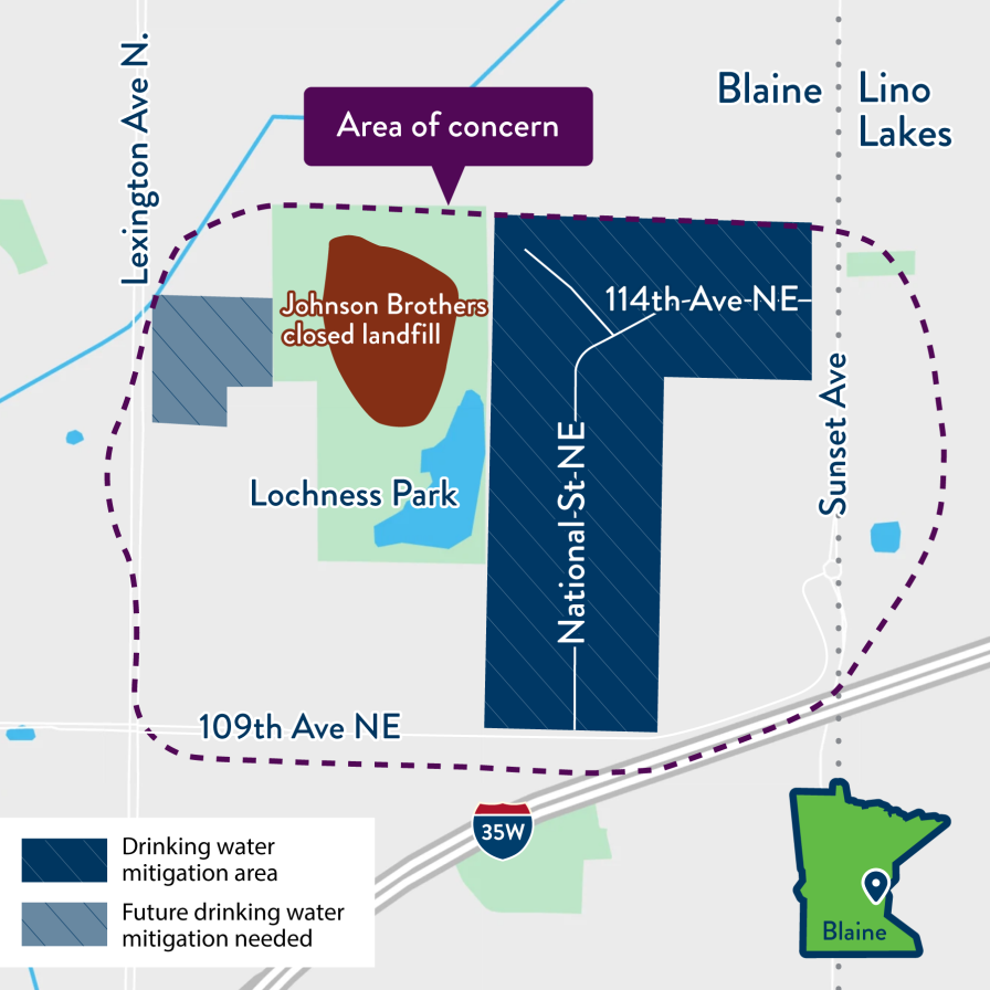 Map showing the location of Johnson Brothers closed landfill at 11121 Lexington Avenue in Blaine, Minnesota. The closed landfill is in Lochness Park. The area of concern is bounded by Lexington Avenue North on the west side, 109th Avenue NE on the south, Sunset Ave on the east, and the north edge of Lochness Park. The drinking water mitigation area is east of Lochness Park and contains properties on National Street NE and 114th Ave NE.
