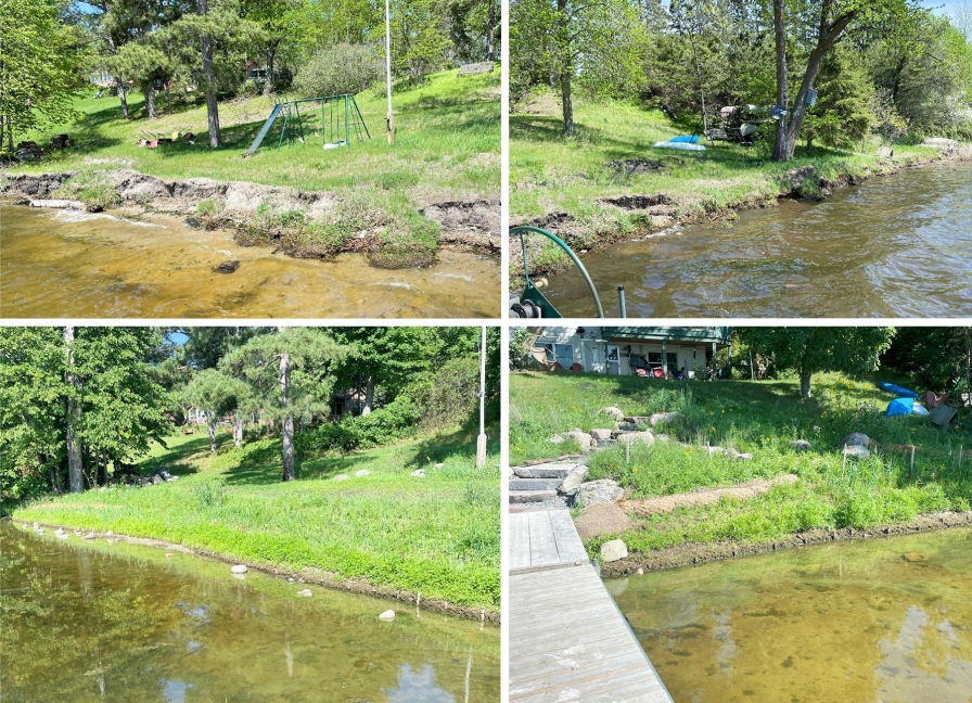 Before and after photos of a restored lake shoreline.