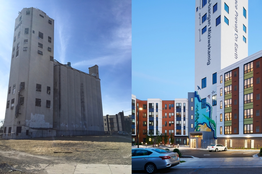 Left: old grain elevator. Right: A modern affordable housing and student housing cooperative redeveloped from the old grain elevator.