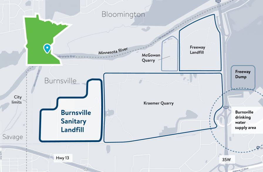 A map showing the Burnsville area landfill.